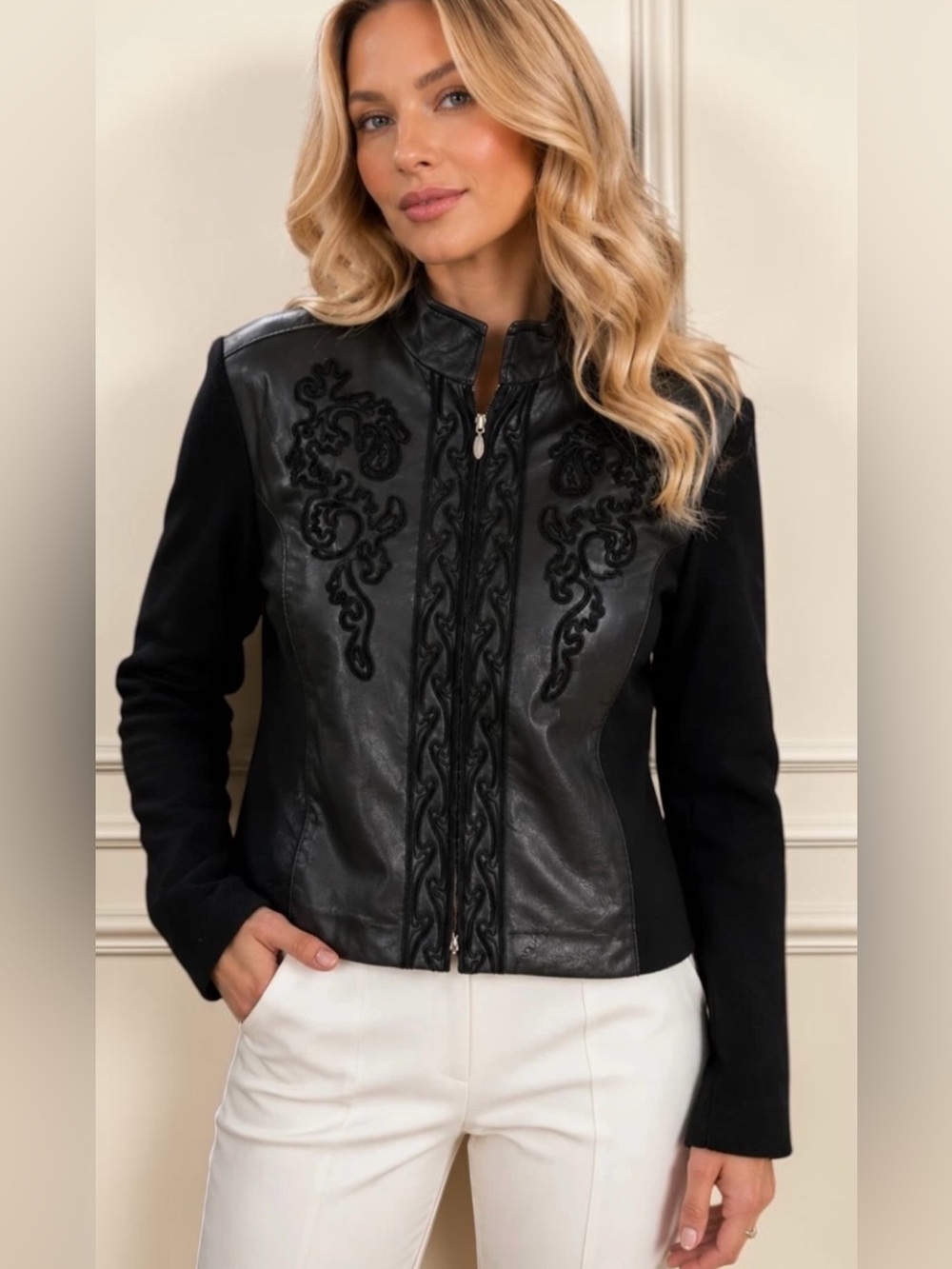 Coldwater Creek Leather/Wool/Acrylic Full Zip Jacket. Black. Size: Large petite